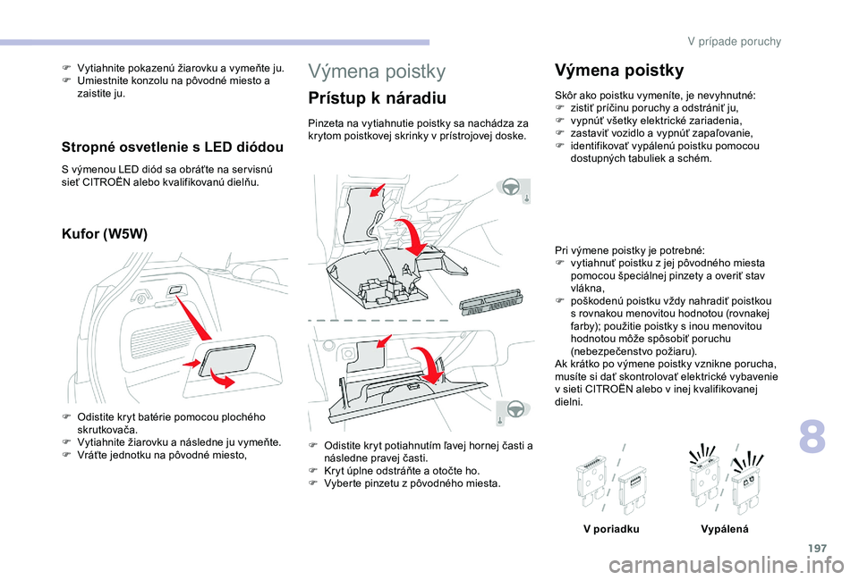CITROEN C3 AIRCROSS 2019 Návod na použitie (in Slovak) 197
Výmena poistky
Prístup k náradiu
Pinzeta na vytiahnutie poistky sa nachádza za
krytom poistkovej skrinky v prístrojovej doske.
F
O
distite kryt potiahnutím ľavej hornej časti a
násled CITROEN C3 AIRCROSS 2019 Návod na použitie (in Slovak) 197
Výmena poistky
Prístup k náradiu
Pinzeta na vytiahnutie poistky sa nachádza za
krytom poistkovej skrinky v prístrojovej doske.
F
O
distite kryt potiahnutím ľavej hornej časti a
násled