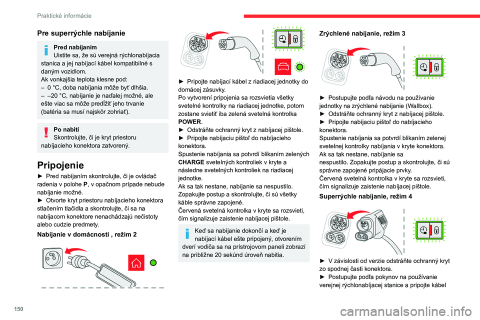 CITROEN C4 2021 Návod na použitie (in Slovak) 150
Praktické informácie
Pre superrýchle nabíjanie
Pred nabíjaním
Uistite sa, že sú verejná rýchlonabíjacia
stanica a jej nabíjací kábel kompatibilné s
daným vozidlom.
Ak vonkajšia CITROEN C4 2021 Návod na použitie (in Slovak) 150
Praktické informácie
Pre superrýchle nabíjanie
Pred nabíjaním
Uistite sa, že sú verejná rýchlonabíjacia
stanica a jej nabíjací kábel kompatibilné s
daným vozidlom.
Ak vonkajšia