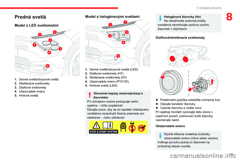 CITROEN C4 2021  Návod na použitie (in Slovak) 175
V prípade poruchy
8Predné svetlá
Model s LED svetlometmi 
 
1.Denné svetlá/obrysové svetlá
2. Stretávacie svetlomety
3. Diaľkové svetlomety
4. Ukazovatele smeru
5. Hmlové svetlá
Model 
