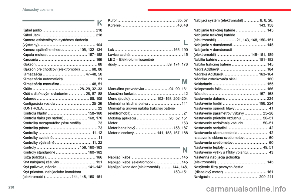 CITROEN C4 2021 Návod na použitie (in Slovak) 230
Abecedný zoznam
K
Kábel audio 218
Kábel Jack
218
Kamera asistenčných systémov riadenia
(výstrahy)
104
Kamera spätného chodu
105, 132–134
Kapota motora
157–158 CITROEN C4 2021 Návod na použitie (in Slovak) 230
Abecedný zoznam
K
Kábel audio 218
Kábel Jack
218
Kamera asistenčných systémov riadenia
(výstrahy)
104
Kamera spätného chodu
105, 132–134
Kapota motora
157–158
