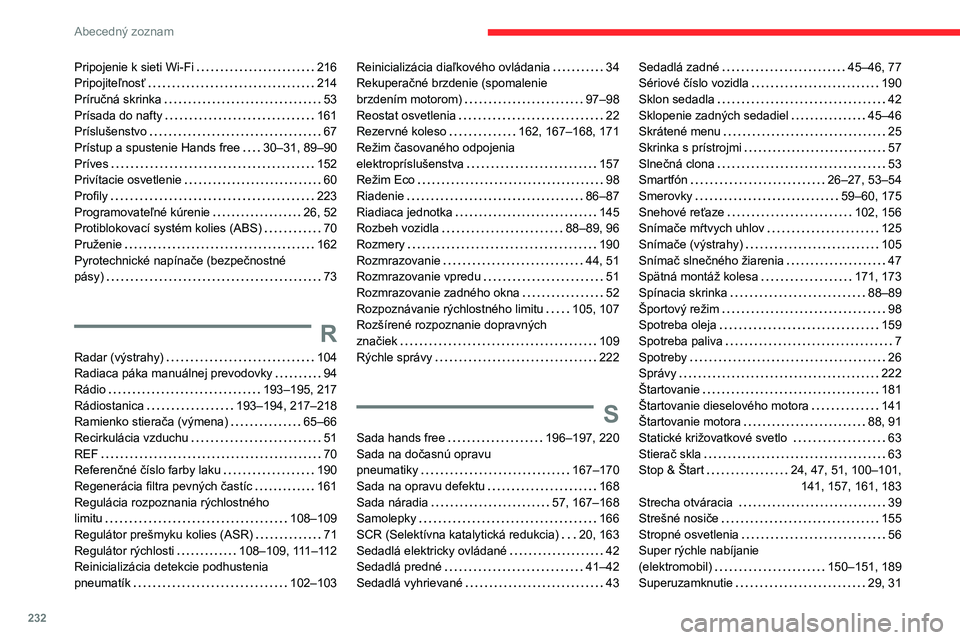 CITROEN C4 2021 Návod na použitie (in Slovak) 232
Abecedný zoznam
Pripojenie k sieti Wi-Fi 216
Pripojiteľnosť
214
Príručná skrinka
53
Prísada do nafty
161
Príslušenstvo
67
Prístup a spustenie Hands free
30 CITROEN C4 2021 Návod na použitie (in Slovak) 232
Abecedný zoznam
Pripojenie k sieti Wi-Fi 216
Pripojiteľnosť
214
Príručná skrinka
53
Prísada do nafty
161
Príslušenstvo
67
Prístup a spustenie Hands free
30