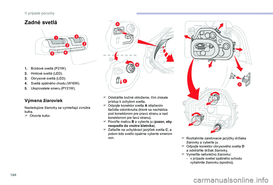 CITROEN C4 CACTUS 2019  Návod na použitie (in Slovak) 164
Zadné svetlá
1.Brzdové svetlá (P21W).
2. Hmlové svetlá (LED).
3. Obrysové svetlá (LED).
4. Svetlá spätného chodu (W16W).
5. Ukazovatele smeru (PY21W).
Výmena žiaroviek
Nasledujúce ž