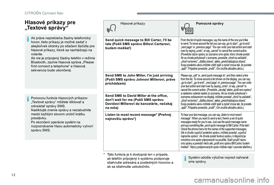 CITROEN C4 CACTUS 2019  Návod na použitie (in Slovak) 12
Hlasové príkazy pre 
„Te x t o v é   s p r á v y “
Ak práve neprebieha žiadny telefonický 
hovor, tieto príkazy je možné zadať z 
akejkoľvek stránky po stlačení tlačidla pre 
hl