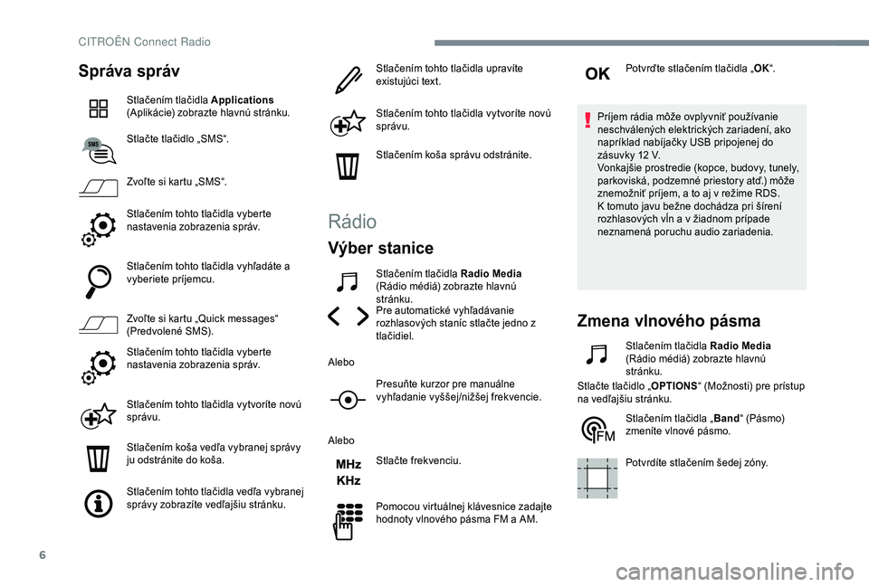 CITROEN C4 CACTUS 2019  Návod na použitie (in Slovak) 6
Správa správ
Stlačením tlačidla Applications 
(Aplikácie) zobrazte hlavnú stránku.
Stlačte tlačidlo „SMS“.
Zvoľte si kartu „SMS“.
Stlačením tohto tlačidla vyberte 
nastavenia z