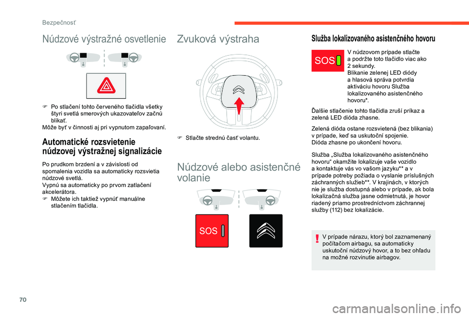 CITROEN C4 CACTUS 2019 Návod na použitie (in Slovak) 70
Núdzové výstražné osvetlenie
F Po stlačení tohto čer veného tlačidla všetky štyri svetlá smerových ukazovateľov začnú
blikať.
Môže byť v činnosti aj pri vypnutom zapaľovaní CITROEN C4 CACTUS 2019 Návod na použitie (in Slovak) 70
Núdzové výstražné osvetlenie
F Po stlačení tohto čer veného tlačidla všetky štyri svetlá smerových ukazovateľov začnú
blikať.
Môže byť v činnosti aj pri vypnutom zapaľovaní
