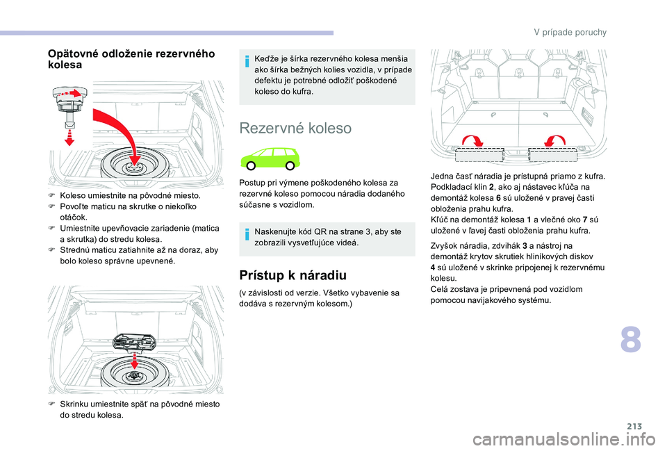 CITROEN C4 SPACETOURER 2021 Návod na použitie (in Slovak) 213
Opätovné odloženie rezervného
kolesaKeďže je šírka rezer vného kolesa menšia
ako šírka bežných kolies vozidla, v prípade
defektu je potrebné odložiť poškodené
koleso do kuf CITROEN C4 SPACETOURER 2021 Návod na použitie (in Slovak) 213
Opätovné odloženie rezervného
kolesaKeďže je šírka rezer vného kolesa menšia
ako šírka bežných kolies vozidla, v prípade
defektu je potrebné odložiť poškodené
koleso do kuf