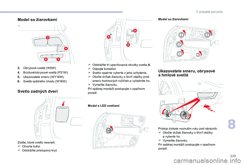 CITROEN C4 SPACETOURER 2021 Návod na použitie (in Slovak) 225
3.Obrysové svetlá (W5W).
4. Brzdové/obrysové svetlá (P21W).
5. Ukazovatele smeru (W Y16W).
6. Svetlá spätného chodu (W16W).
Svetlo zadných dverí
Model s LED svetlami
Ukazovatele smeru, o CITROEN C4 SPACETOURER 2021 Návod na použitie (in Slovak) 225
3.Obrysové svetlá (W5W).
4. Brzdové/obrysové svetlá (P21W).
5. Ukazovatele smeru (W Y16W).
6. Svetlá spätného chodu (W16W).
Svetlo zadných dverí
Model s LED svetlami
Ukazovatele smeru, o