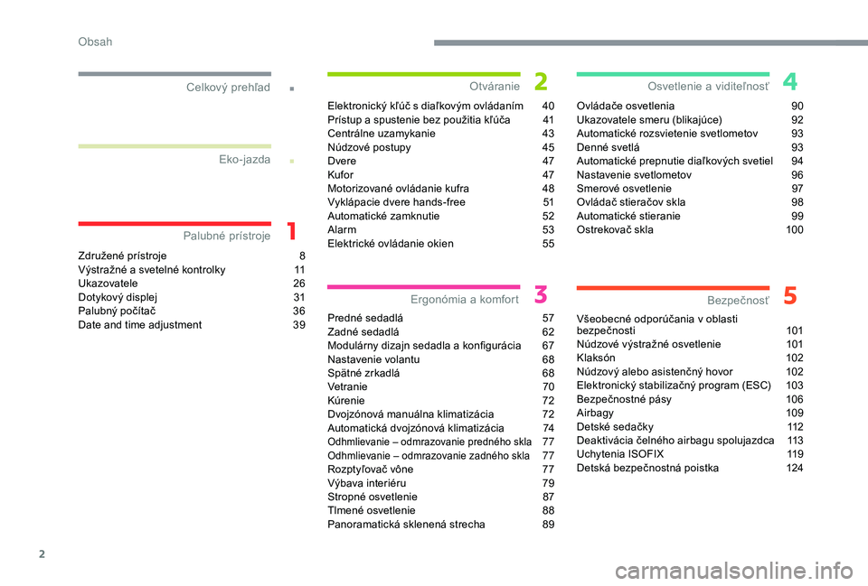 CITROEN C4 SPACETOURER 2021  Návod na použitie (in Slovak) 2
.
.
Združené prístroje 8
V ýstražné a   svetelné kontrolky  1 1
Ukazovatele
 2

6
Dotykový displej
 
3
 1
Palubný počítač
 
3
 6
Date and time adjustment
 
3
 9Elektronický kľúč s
  