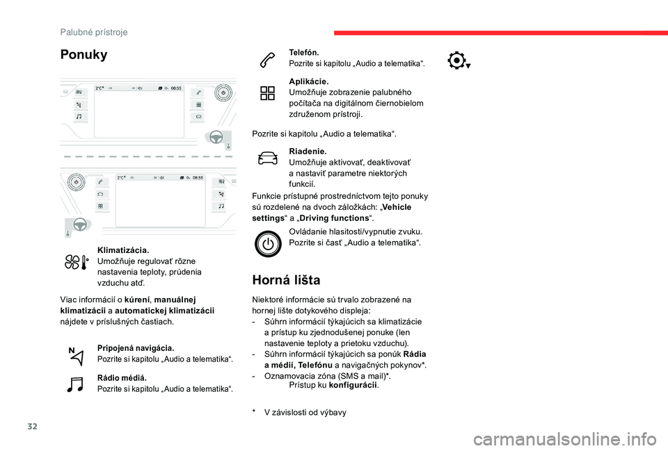 CITROEN C4 SPACETOURER 2021  Návod na použitie (in Slovak) 32
Ponuky
Viac informácií o kúrení,  manuálnej 
klimatizácii  a
  automatickej klimatizácii  
nájdete v
  príslušných častiach.
Horná lišta
* V závislosti od výbavy Niektoré informác
