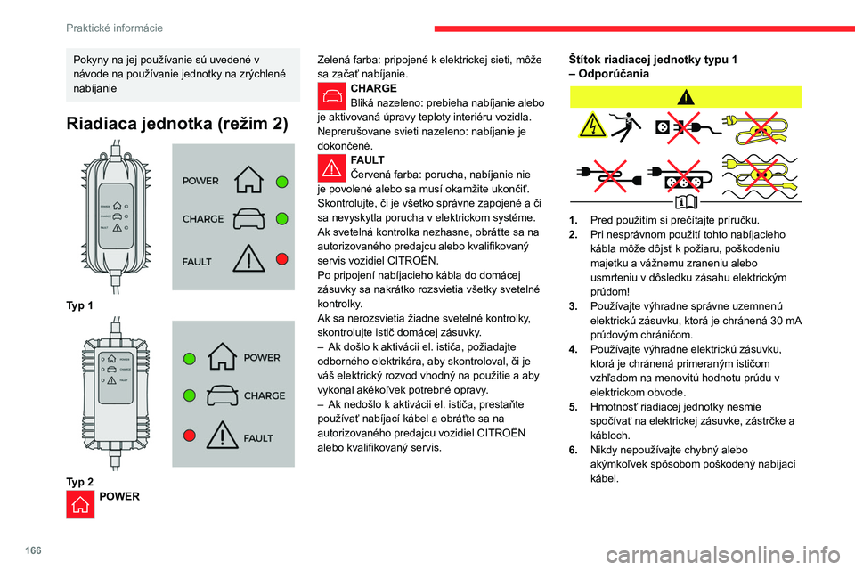 CITROEN C5 AIRCROSS 2022  Návod na použitie (in Slovak) 166
Praktické informácie
Pokyny na jej používanie sú uvedené v 
návode na používanie jednotky na zrýchlené 
nabíjanie
Riadiaca jednotka (režim 2) 
 
Typ 1 
 
Typ 2POWERZelená farba: prip