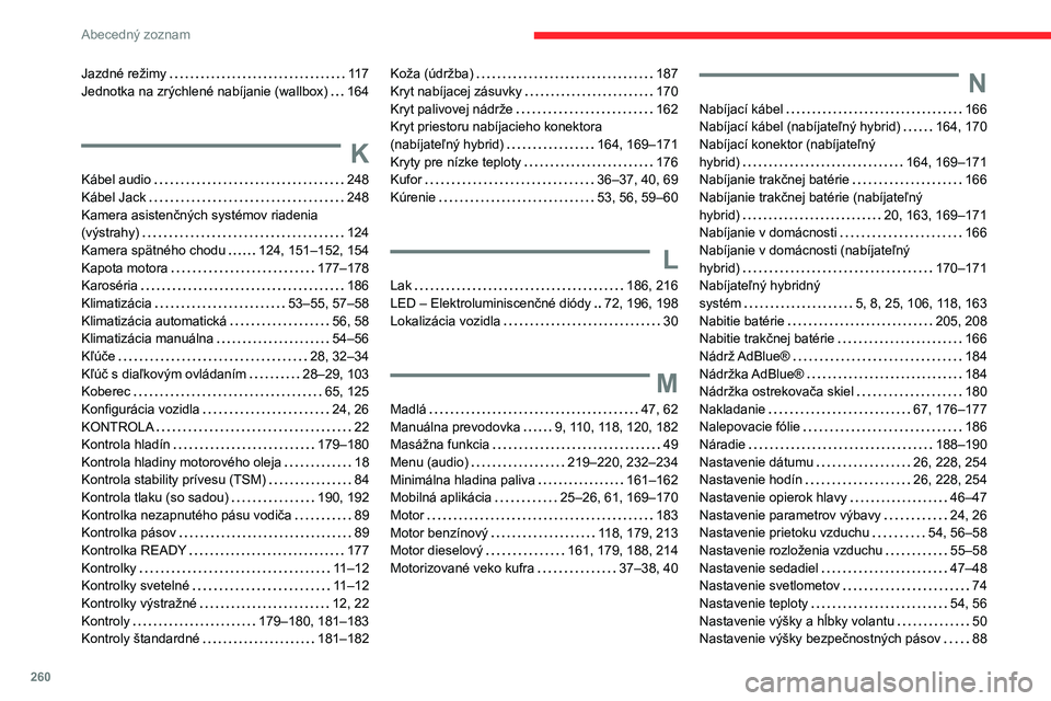 CITROEN C5 AIRCROSS 2022  Návod na použitie (in Slovak) 260
Abecedný zoznam
Jazdné režimy     117
Jednotka na zrýchlené nabíjanie (wallbox)     
164
K
Kábel audio     248
Kábel Jack     
248
Kamera asistenčných systémov riadenia 
(výstrahy)
   