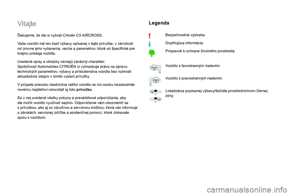CITROEN C5 AIRCROSS 2020  Návod na použitie (in Slovak) 1
Vitajte
Ďakujeme, že ste si vybrali Citroën C5 AIRCROSS.
V aše vozidlo má len časť výbavy opísanej v   tejto príručke, v závislosti 
od úrovne jeho vybavenia, verzie a
  parametrov, kto