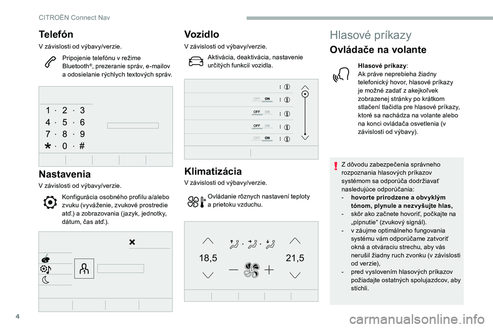 CITROEN C5 AIRCROSS 2020  Návod na použitie (in Slovak) 4
21,518,5
Telefón
V závislosti od výbavy/verzie.Pripojenie telefónu v   režime 
Bluetooth
®, prezeranie správ, e-mailov 
a
 
odosielanie rýchlych textových správ.
Nastavenia
V závislosti o