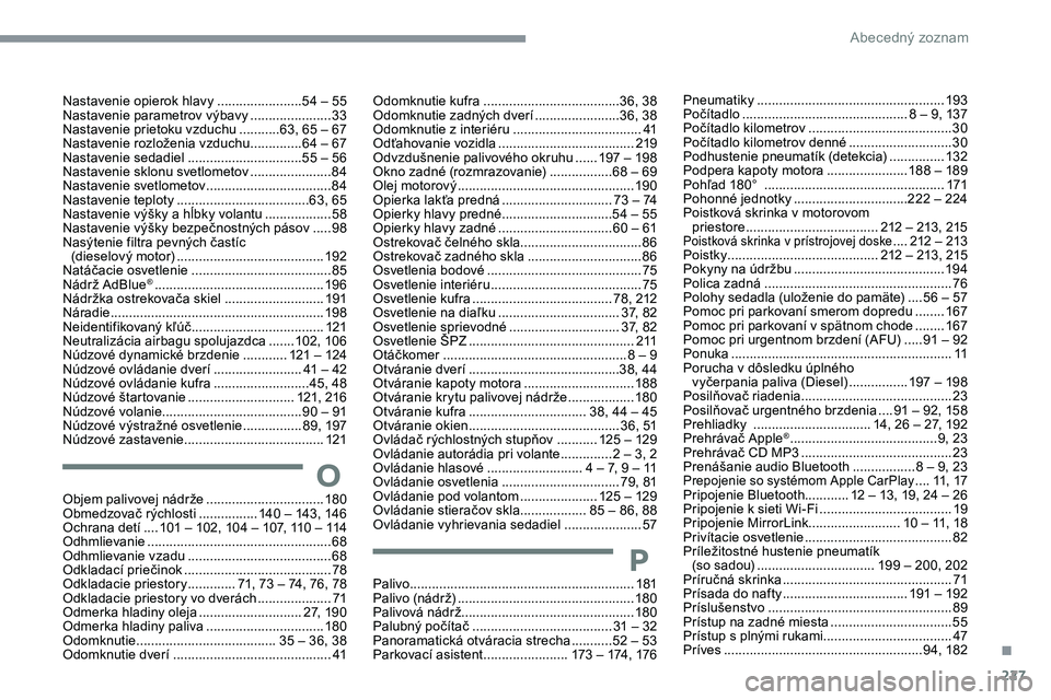 CITROEN C5 AIRCROSS 2020 Návod na použitie (in Slovak) 227
OObjem palivovej nádrže ................................18 0
Obmedzovač rýchlosti ................ 1 40 – 143, 146
Ochrana detí
.... 1
01 – 102, 104 – 107, 110 – 11 CITROEN C5 AIRCROSS 2020 Návod na použitie (in Slovak) 227
OObjem palivovej nádrže ................................18 0
Obmedzovač rýchlosti ................ 1 40 – 143, 146
Ochrana detí
.... 1
01 – 102, 104 – 107, 110 – 11