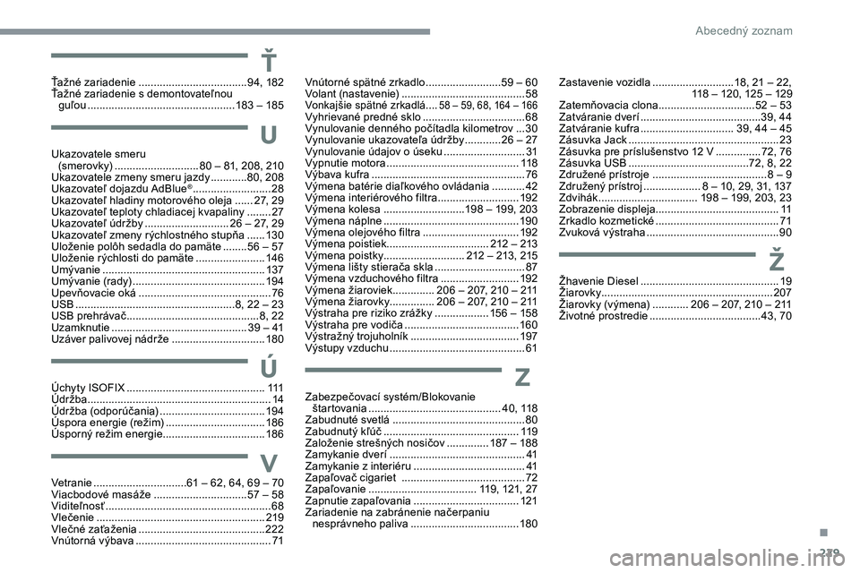 CITROEN C5 AIRCROSS 2020 Návod na použitie (in Slovak) 229
Ukazovatele smeru (smerovky) ............................8 0 – 81, 208, 210
Ukazovatele zmeny smeru jazdy
............8
0, 208
Ukazovateľ dojazdu AdBlue
® .......................... 28
CITROEN C5 AIRCROSS 2020 Návod na použitie (in Slovak) 229
Ukazovatele smeru (smerovky) ............................8 0 – 81, 208, 210
Ukazovatele zmeny smeru jazdy
............8
0, 208
Ukazovateľ dojazdu AdBlue
® .......................... 28