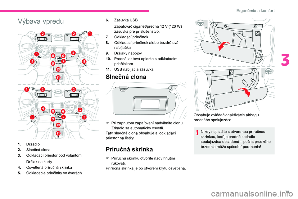 CITROEN C5 AIRCROSS 2020  Návod na použitie (in Slovak) 71
Výbava vpredu6.Zásuvka USB
Zapaľovač cigariet /predná 12
  V (120   W) 
zásuvka pre príslušenstvo.
7. Odkladací priečinok
8. Odkladací priečinok alebo bezdrôtová 
nabíjačka
9. Drži