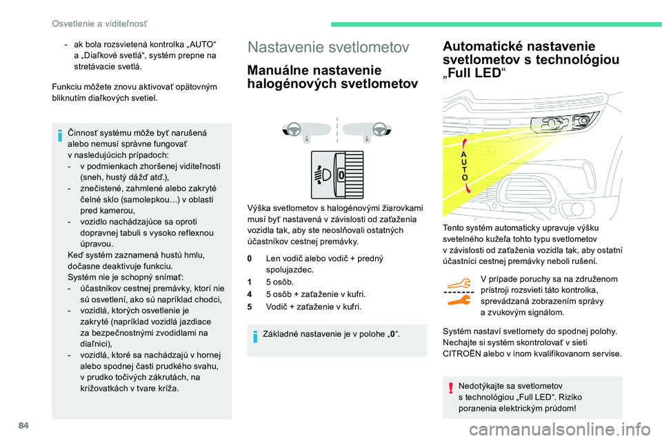 CITROEN C5 AIRCROSS 2020  Návod na použitie (in Slovak) 84
Automatické nastavenie 
svetlometov s 
t
 echnológiou 
„ Full LED “
V prípade poruchy sa na združenom 
prístroji rozsvieti táto kontrolka, 
sprevádzaná zobrazením správy 
a
  zvukový