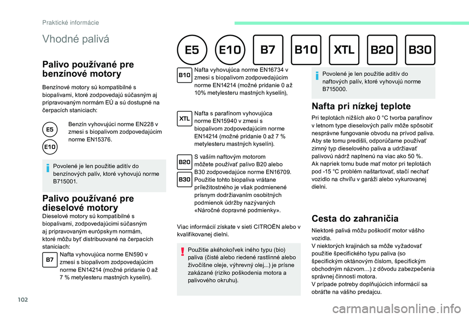 CITROEN C-ELYSÉE 2018  Návod na použitie (in Slovak) 102
Vhodné palivá
Palivo používané pre 
benzínové motory
Benzínové motory sú kompatibilné s 
biopalivami, ktoré zodpovedajú súčasným aj 
pripravovaným normám EÚ a sú dostupné na 
