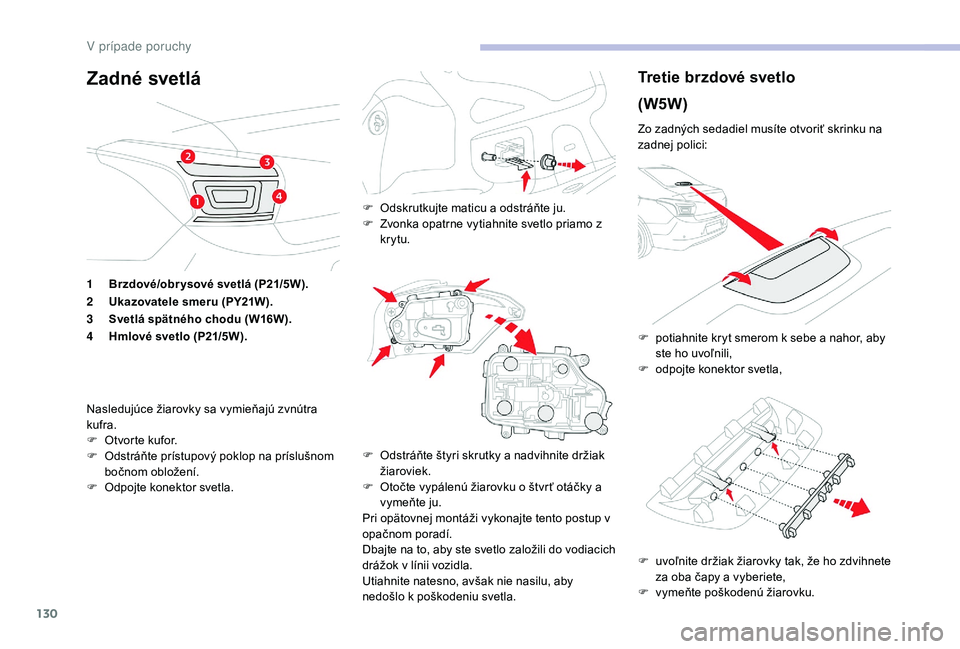 CITROEN C-ELYSÉE 2018 Návod na použitie (in Slovak) 130
Zadné svetláTretie brzdové svetlo
(W5W)
Zo zadných sedadiel musíte otvoriť skrinku na
zadnej polici:
F
u
voľnite držiak žiarovky tak, že ho zdvihnete
za oba čapy a vyberiete,
F
v
CITROEN C-ELYSÉE 2018 Návod na použitie (in Slovak) 130
Zadné svetláTretie brzdové svetlo
(W5W)
Zo zadných sedadiel musíte otvoriť skrinku na
zadnej polici:
F
u
voľnite držiak žiarovky tak, že ho zdvihnete
za oba čapy a vyberiete,
F
v