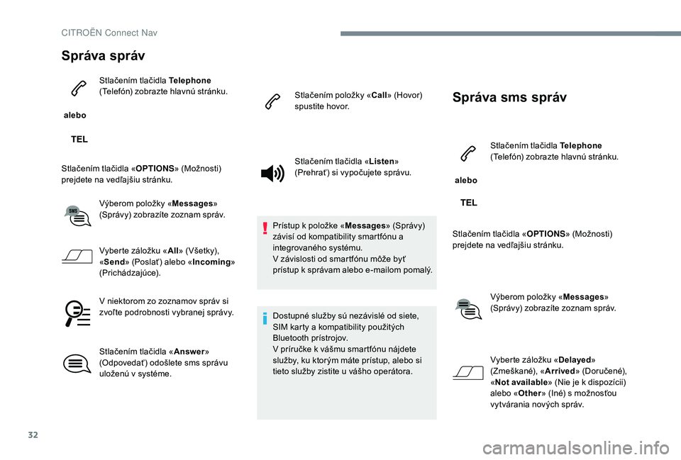CITROEN C-ELYSÉE 2018 Návod na použitie (in Slovak) 32
Správa správ
alebo Stlačením tlačidla Telephone
(Telefón) zobrazte hlavnú stránku.
Stlačením tlačidla « OPTIONS» (Možnosti)
prejdete na vedľajšiu stránku.
Výberom položky « CITROEN C-ELYSÉE 2018 Návod na použitie (in Slovak) 32
Správa správ
alebo Stlačením tlačidla Telephone
(Telefón) zobrazte hlavnú stránku.
Stlačením tlačidla « OPTIONS» (Možnosti)
prejdete na vedľajšiu stránku.
Výberom položky «