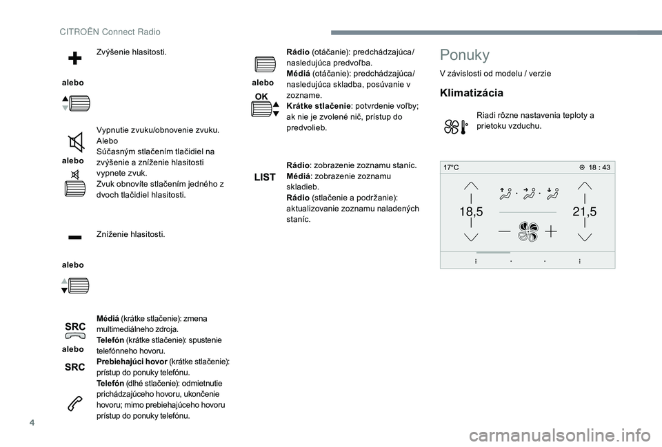 CITROEN C-ELYSÉE 2018  Návod na použitie (in Slovak) 4
21,518,5
 alebo Zvýšenie hlasitosti.
 alebo  Vypnutie zvuku/obnovenie zvuku.
Alebo
Súčasným stlačením tlačidiel na 
zvýšenie a zníženie hlasitosti 
vypnete zvuk.
Zvuk obnovíte stlačen