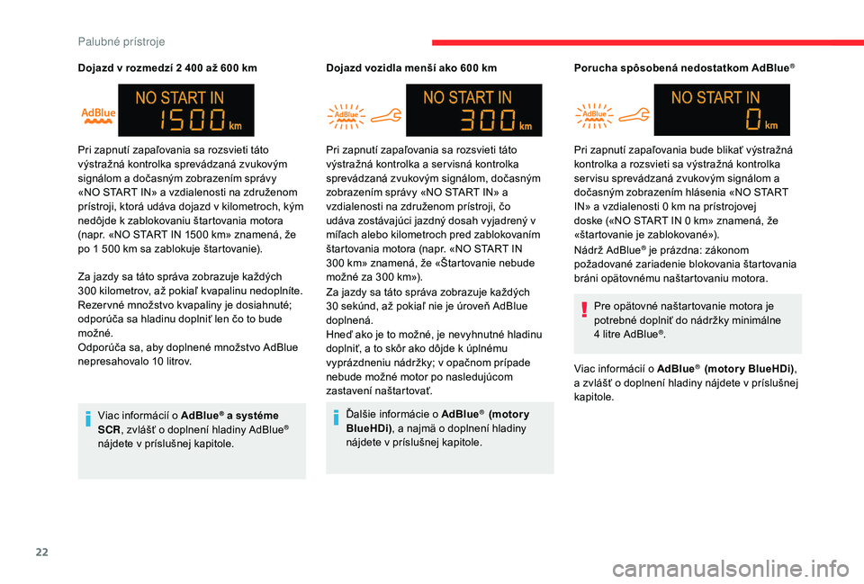 CITROEN C-ELYSÉE 2018 Návod na použitie (in Slovak) 22
Dojazd v rozmedzí 2 400 až 600 km
Z a jazdy sa táto správa zobrazuje každých
300
kilometrov, až pokiaľ kvapalinu nedoplníte.
Rezer vné množstvo kvapaliny je dosiahnuté;
odporúča s CITROEN C-ELYSÉE 2018 Návod na použitie (in Slovak) 22
Dojazd v rozmedzí 2 400 až 600 km
Z a jazdy sa táto správa zobrazuje každých
300
kilometrov, až pokiaľ kvapalinu nedoplníte.
Rezer vné množstvo kvapaliny je dosiahnuté;
odporúča s