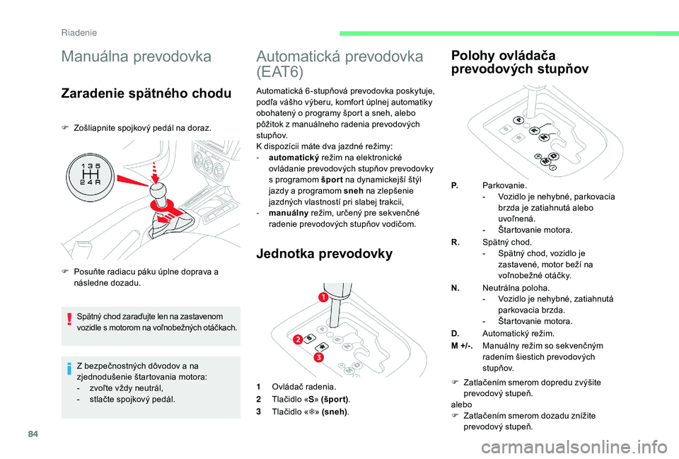 CITROEN C-ELYSÉE 2018 Návod na použitie (in Slovak) 84
Manuálna prevodovka
Zaradenie spätného chodu
F Zošliapnite spojkový pedál na doraz.Z bezpečnostných dôvodov a na
zjednodušenie štartovania motora:
-
z
voľte vždy neutrál,
-
s
t CITROEN C-ELYSÉE 2018 Návod na použitie (in Slovak) 84
Manuálna prevodovka
Zaradenie spätného chodu
F Zošliapnite spojkový pedál na doraz.Z bezpečnostných dôvodov a na
zjednodušenie štartovania motora:
-
z
voľte vždy neutrál,
-
s
t