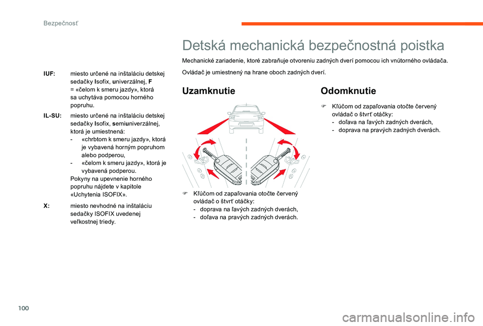 CITROEN C-ELYSÉE 2017 Návod na použitie (in Slovak) 100
I UF:miesto určené na inštaláciu detskej
sedačky Isofix, univerzálnej, F
= «čelom k smeru jazdy», ktorá
sa uchytáva pomocou horného
popruhu.
IL- SU: miesto určené na inštaláci CITROEN C-ELYSÉE 2017 Návod na použitie (in Slovak) 100
I UF:miesto určené na inštaláciu detskej
sedačky Isofix, univerzálnej, F
= «čelom k smeru jazdy», ktorá
sa uchytáva pomocou horného
popruhu.
IL- SU: miesto určené na inštaláci