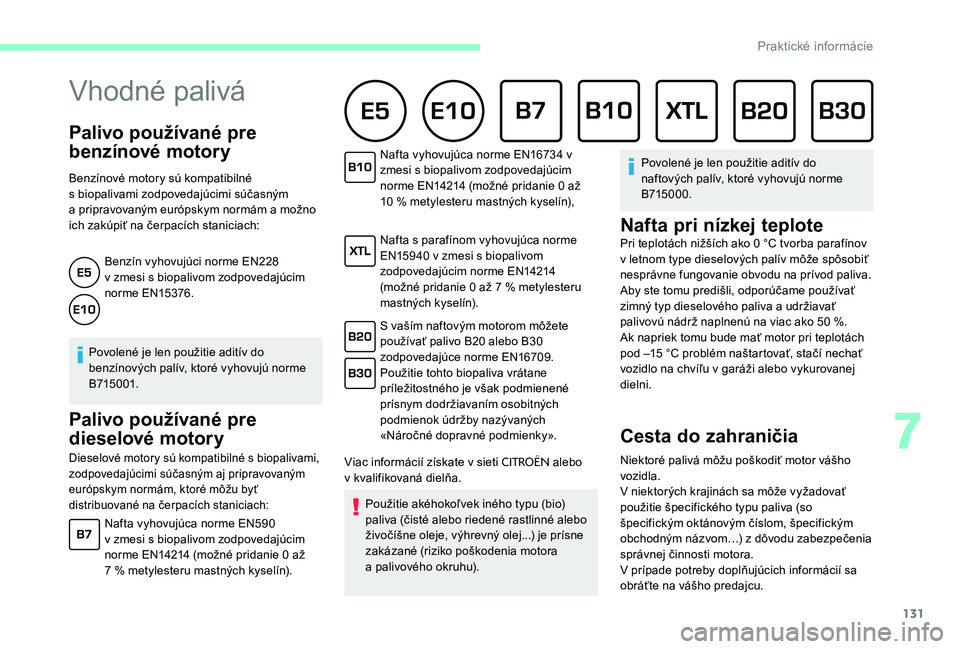 CITROEN C-ELYSÉE 2017 Návod na použitie (in Slovak) 131
Palivo používané pre
benzínové motory
Benzínové motory sú kompatibilné
s biopalivami zodpovedajúcimi súčasným
a
pripravovaným európskym normám a možno
ich zakúpiť na čer CITROEN C-ELYSÉE 2017 Návod na použitie (in Slovak) 131
Palivo používané pre
benzínové motory
Benzínové motory sú kompatibilné
s biopalivami zodpovedajúcimi súčasným
a
pripravovaným európskym normám a možno
ich zakúpiť na čer