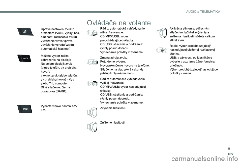 CITROEN C-ELYSÉE 2017 Návod na použitie (in Slovak) 185
Úprava nastavení zvuku:
atmosféra zvuku, výšky, bas,
hlučnosť, rozloženie zvuku,
vyváženie vľavo/vpravo,
vyváženie vpredu/vzadu,
automatická hlasitosť.
Môžete vybrať režim CITROEN C-ELYSÉE 2017 Návod na použitie (in Slovak) 185
Úprava nastavení zvuku:
atmosféra zvuku, výšky, bas,
hlučnosť, rozloženie zvuku,
vyváženie vľavo/vpravo,
vyváženie vpredu/vzadu,
automatická hlasitosť.
Môžete vybrať režim