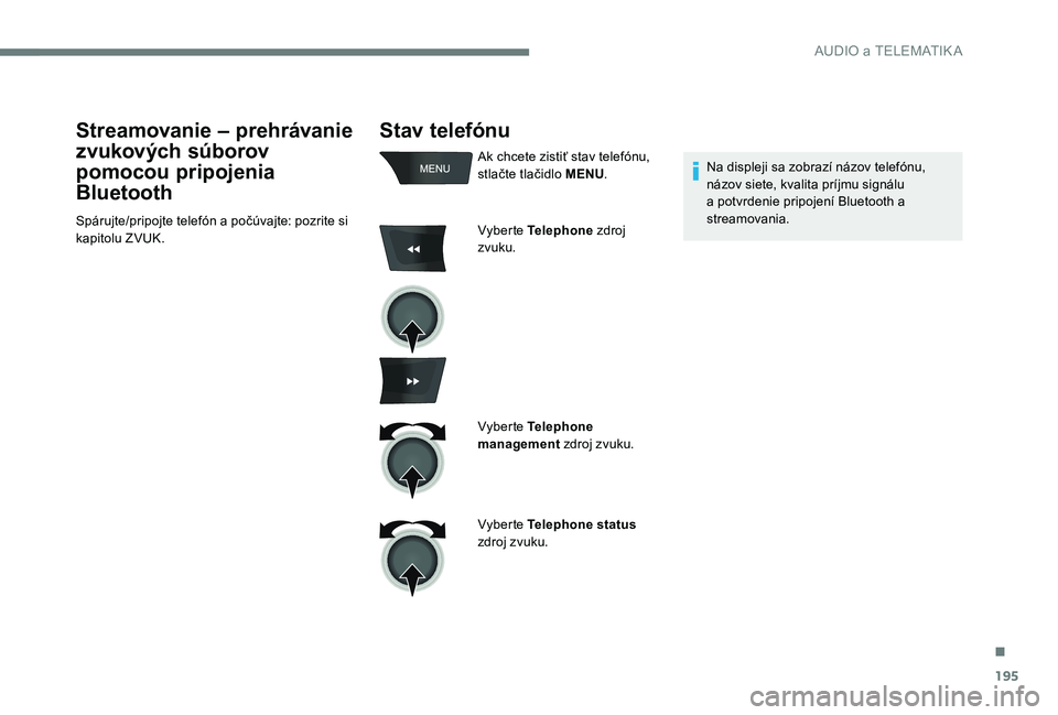 CITROEN C-ELYSÉE 2017 Návod na použitie (in Slovak) 195
Stav telefónu
Ak chcete zistiť stav telefónu,
stlačte tlačidlo MENU.
Vyberte Telephone zdroj
zvuku.
Vyberte Telephone
management zdroj zvuku.
Vyberte Telephone status
zdroj zvuku. Na d CITROEN C-ELYSÉE 2017 Návod na použitie (in Slovak) 195
Stav telefónu
Ak chcete zistiť stav telefónu,
stlačte tlačidlo MENU.
Vyberte Telephone zdroj
zvuku.
Vyberte Telephone
management zdroj zvuku.
Vyberte Telephone status
zdroj zvuku. Na d