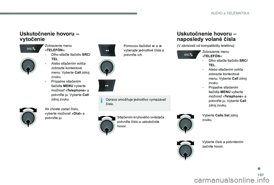 CITROEN C-ELYSÉE 2017  Návod na použitie (in Slovak) 197
Uskutočnenie hovoru – 
vytočenie
Zobrazenie menu 
«TELEFÓN »:
-
 
D
 lho stlačte tlačidlo SRC/
TEL .
-
 
A
 lebo stlačením voliča 
zobrazte kontextové 
menu. Vyberte Call  zdroj 
zvuk