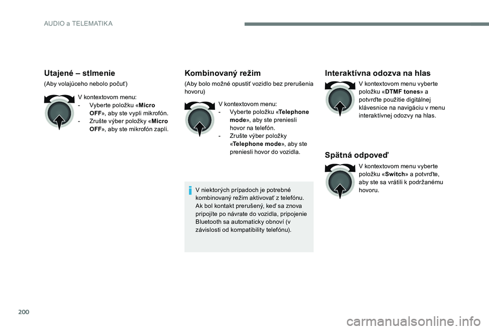 CITROEN C-ELYSÉE 2017  Návod na použitie (in Slovak) 200
Utajené – stlmenie
(Aby volajúceho nebolo počuť)V kontextovom menu:
-
 
V
 yberte položku «Micro 
OFF », aby ste vypli mikrofón.
-
 
Z
 rušte výber položky « Micro 
OFF », aby ste m