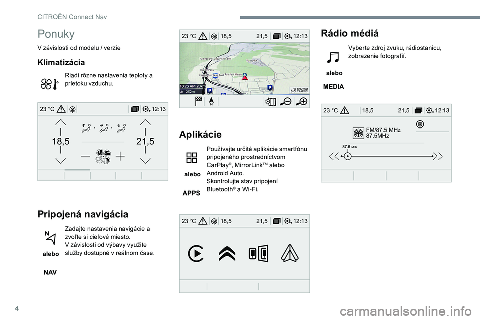 CITROEN C-ELYSÉE 2017  Návod na použitie (in Slovak) 4
FM/87.5 MHz
87.5MHz
12:13
18,5 21,5
23 °C
12:13
18,5 21,5
23 °C
12:13
18,5 21,5
23 °C
21,518,5
12:1323 °C
Ponuky
V závislosti od modelu / verzie
Klimatizácia
Riadi rôzne nastavenia teploty a 