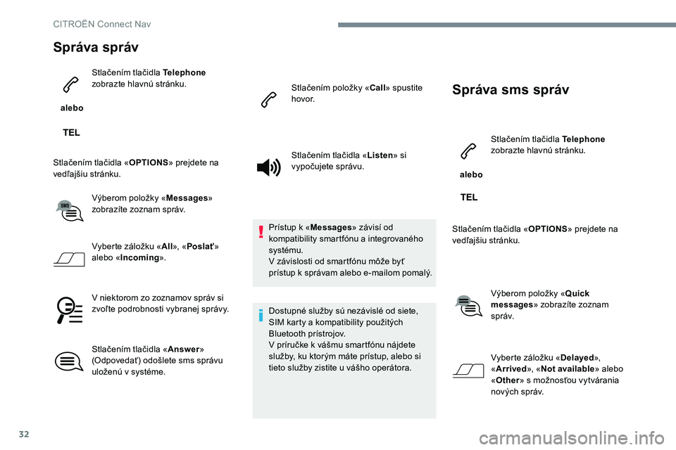 CITROEN C-ELYSÉE 2017 Návod na použitie (in Slovak) 32
Správa správ
alebo Stlačením tlačidla Telephone
zobrazte hlavnú stránku.
Stlačením tlačidla « OPTIONS» prejdete na
vedľajšiu stránku.
Výberom položky « Messages»
zobrazíte CITROEN C-ELYSÉE 2017 Návod na použitie (in Slovak) 32
Správa správ
alebo Stlačením tlačidla Telephone
zobrazte hlavnú stránku.
Stlačením tlačidla « OPTIONS» prejdete na
vedľajšiu stránku.
Výberom položky « Messages»
zobrazíte