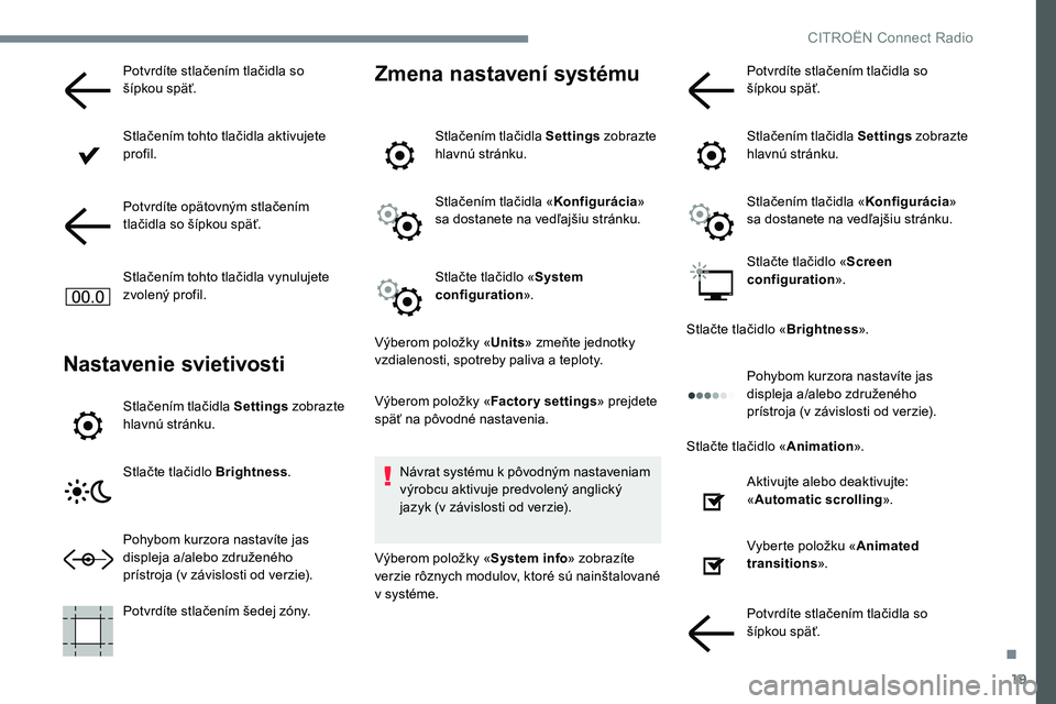 CITROEN C-ELYSÉE 2017 Návod na použitie (in Slovak) 19
Potvrdíte stlačením tlačidla so
šípkou späť.
Stlačením tohto tlačidla aktivujete
profil.
Potvrdíte opätovným stlačením
tlačidla so šípkou späť.
Stlačením tohto tlačidla v CITROEN C-ELYSÉE 2017 Návod na použitie (in Slovak) 19
Potvrdíte stlačením tlačidla so
šípkou späť.
Stlačením tohto tlačidla aktivujete
profil.
Potvrdíte opätovným stlačením
tlačidla so šípkou späť.
Stlačením tohto tlačidla v