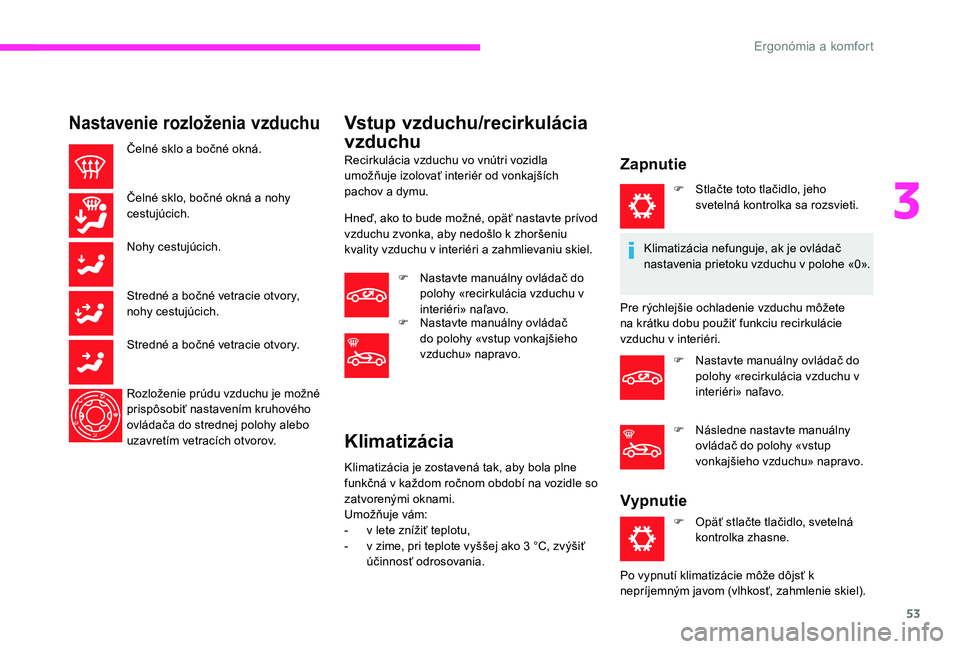 CITROEN C-ELYSÉE 2017 Návod na použitie (in Slovak) 53
Nastavenie rozloženia vzduchu
Čelné sklo a bočné okná.
Čelné sklo, bočné okná a nohy
cestujúcich.
Nohy cestujúcich.
Stredné a bočné vetracie otvory,
nohy cestujúcich.
Stredné a CITROEN C-ELYSÉE 2017 Návod na použitie (in Slovak) 53
Nastavenie rozloženia vzduchu
Čelné sklo a bočné okná.
Čelné sklo, bočné okná a nohy
cestujúcich.
Nohy cestujúcich.
Stredné a bočné vetracie otvory,
nohy cestujúcich.
Stredné a