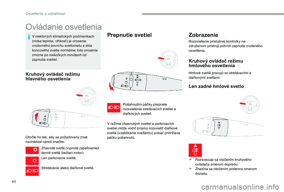 CITROEN C-ELYSÉE 2017 Návod na použitie (in Slovak) 64
Ovládanie osvetlenia
V niektorých klimatických podmienkach
(nízka teplota, vlhkosť) je orosenie
vnútorného povrchu svetlometu a skla
koncového svetla normálne; toto orosenie
zmizne po CITROEN C-ELYSÉE 2017 Návod na použitie (in Slovak) 64
Ovládanie osvetlenia
V niektorých klimatických podmienkach
(nízka teplota, vlhkosť) je orosenie
vnútorného povrchu svetlometu a skla
koncového svetla normálne; toto orosenie
zmizne po