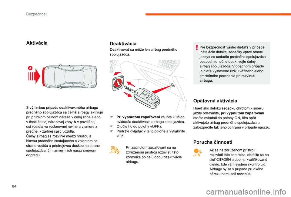 CITROEN C-ELYSÉE 2017 Návod na použitie (in Slovak) 84
AktiváciaDeaktivácia
Porucha činnosti
Ak sa na združenom prístroji
rozsvieti táto kontrolka, obráťte sa na
sieť
CITROËN alebo na kvalifikovanú
dielňu, kde vám systém skontrolujú. CITROEN C-ELYSÉE 2017 Návod na použitie (in Slovak) 84
AktiváciaDeaktivácia
Porucha činnosti
Ak sa na združenom prístroji
rozsvieti táto kontrolka, obráťte sa na
sieť
CITROËN alebo na kvalifikovanú
dielňu, kde vám systém skontrolujú.