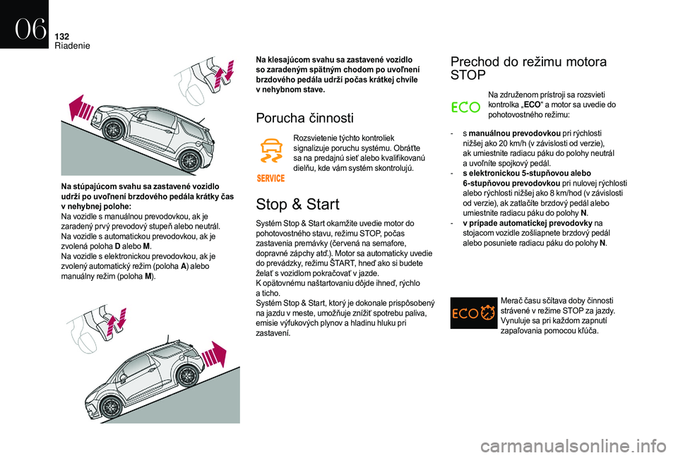 CITROEN DS3 2018 Návod na použitie (in Slovak) 132
Porucha činnosti
Rozsvietenie týchto kontroliek
signalizuje poruchu systému. Obráťte
sa na predajnú sieť alebo kvalifikovanú
dielňu, kde vám systém skontrolujú.
Stop & Start
Systém CITROEN DS3 2018 Návod na použitie (in Slovak) 132
Porucha činnosti
Rozsvietenie týchto kontroliek
signalizuje poruchu systému. Obráťte
sa na predajnú sieť alebo kvalifikovanú
dielňu, kde vám systém skontrolujú.
Stop & Start
Systém