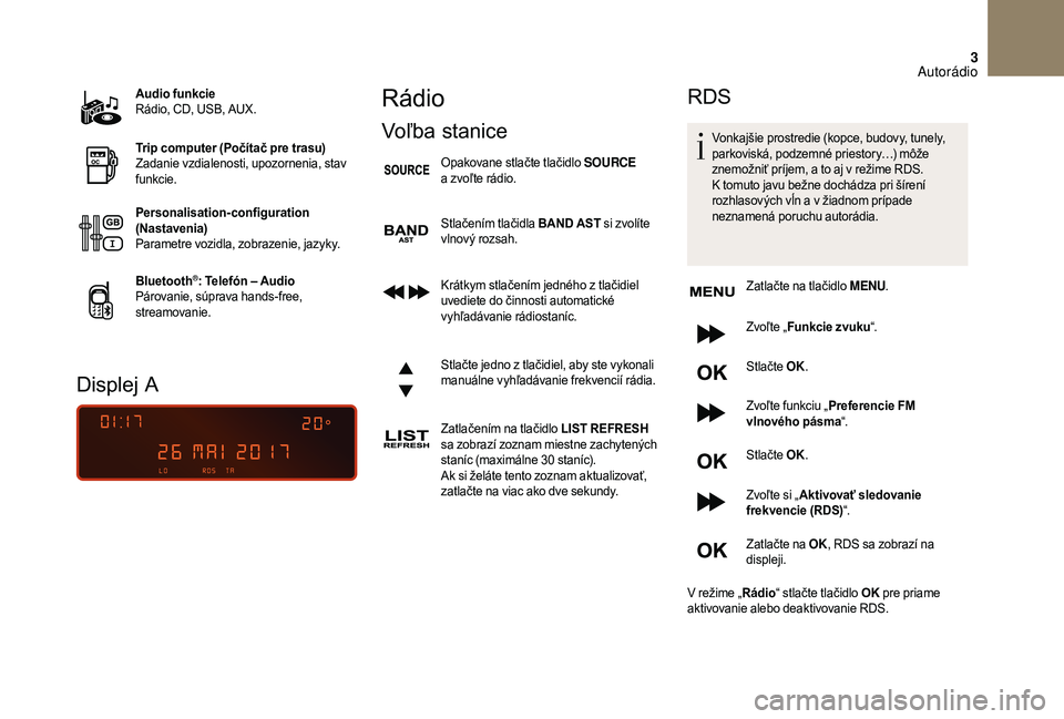 CITROEN DS3 CABRIO 2018  Návod na použitie (in Slovak) 3
Audio funkcie
Rádio, CD, USB, AUX.
Trip computer (Počítač pre trasu)
Zadanie vzdialenosti, upozornenia, stav 
funkcie.
Personalisation-configuration 
(Nastavenia)
Parametre vozidla, zobrazenie, 