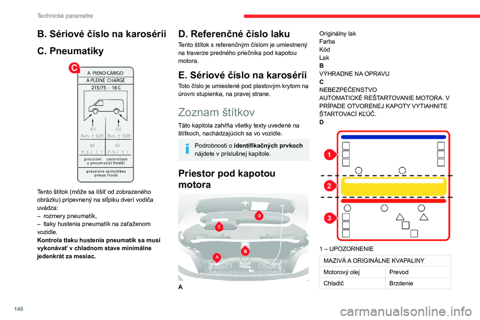 CITROEN JUMPER 2020 Návod na použitie (in Slovak) 140
Technické parametre
B. Sériové číslo na karosérii
C. Pneumatiky
Tento štítok (môže sa líšiť od zobrazeného obrázku) pripevnený na stĺpiku dverí vodiča uvádza:– rozmery pne CITROEN JUMPER 2020 Návod na použitie (in Slovak) 140
Technické parametre
B. Sériové číslo na karosérii
C. Pneumatiky
Tento štítok (môže sa líšiť od zobrazeného obrázku) pripevnený na stĺpiku dverí vodiča uvádza:– rozmery pne