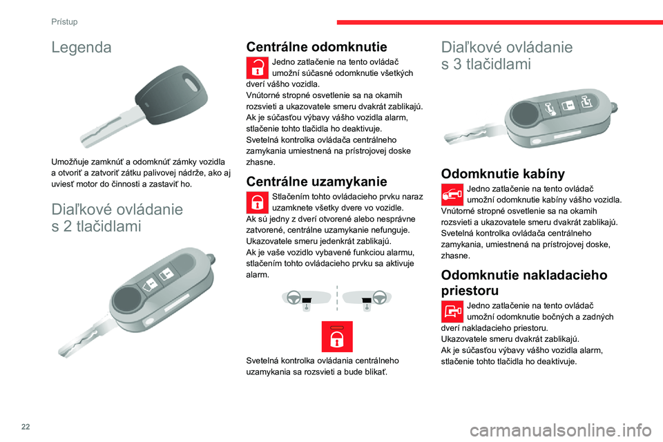 CITROEN JUMPER 2020 Návod na použitie (in Slovak) 22
Prístup
Legenda
Umožňuje zamknúť a odomknúť zámky vozidla a otvoriť a zatvoriť zátku palivovej nádrže, ako aj uviesť motor do činnosti a zastaviť ho.
Diaľkové ovládanie
s 2 t CITROEN JUMPER 2020 Návod na použitie (in Slovak) 22
Prístup
Legenda
Umožňuje zamknúť a odomknúť zámky vozidla a otvoriť a zatvoriť zátku palivovej nádrže, ako aj uviesť motor do činnosti a zastaviť ho.
Diaľkové ovládanie
s 2 t