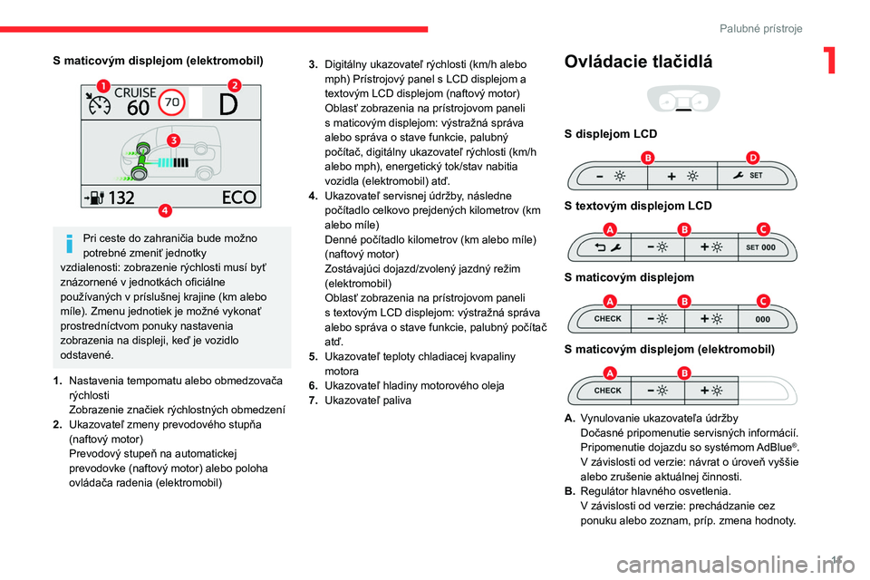 CITROEN JUMPER SPACETOURER 2021  Návod na použitie (in Slovak) 11
Palubné prístroje
1S maticovým displejom (elektromobil) 
 
Pri ceste do zahraničia bude možno 
potrebné zmeniť jednotky 
vzdialenosti:
  zobrazenie rýchlosti musí byť 
znázornené v jedn