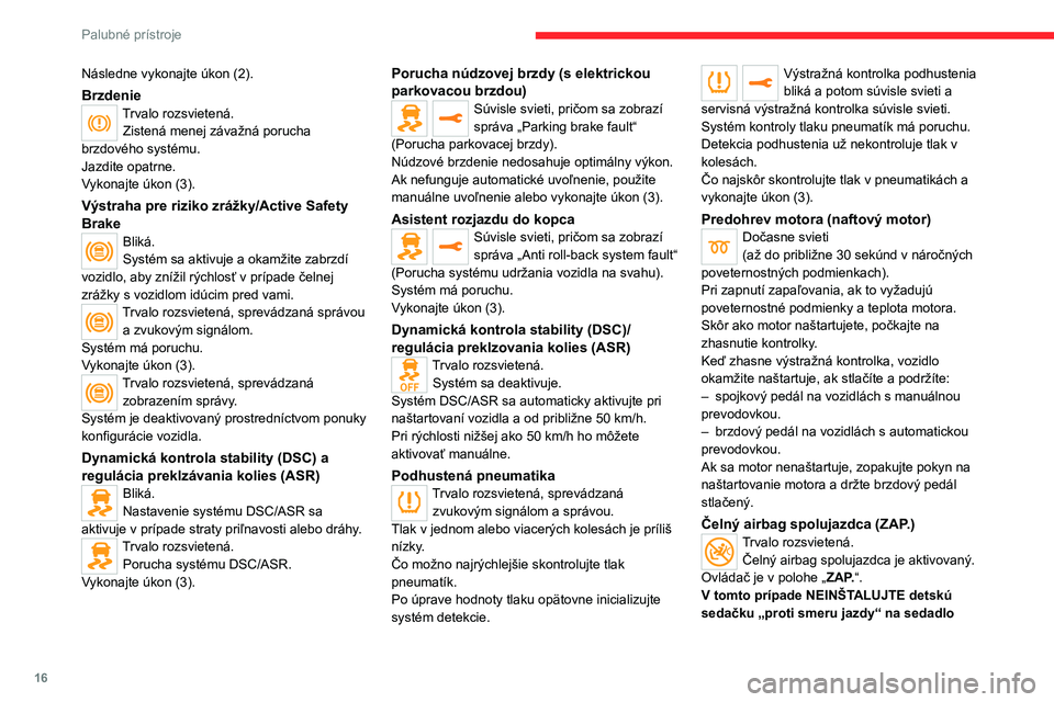 CITROEN JUMPER SPACETOURER 2021  Návod na použitie (in Slovak) 16
Palubné prístroje
Následne vykonajte úkon (2).
BrzdenieTrvalo rozsvietená.Zistená menej závažná porucha 
brzdového systému.
Jazdite opatrne.
Vykonajte úkon (3).
Výstraha pre riziko zr�