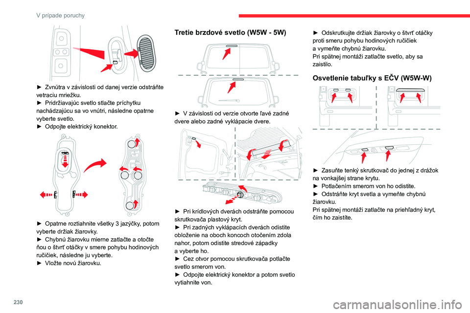 CITROEN JUMPER SPACETOURER 2021 Návod na použitie (in Slovak) 230
V prípade poruchy
Stropné osvetlenie (predné
a zadné)
LED stropné osvetlenie
Pri výmene tohto typu svetla sa obráťte na sieť
CITROËN alebo na iný kvalifikovaný servis.
Sieť CITRO CITROEN JUMPER SPACETOURER 2021 Návod na použitie (in Slovak) 230
V prípade poruchy
Stropné osvetlenie (predné
a zadné)
LED stropné osvetlenie
Pri výmene tohto typu svetla sa obráťte na sieť
CITROËN alebo na iný kvalifikovaný servis.
Sieť CITRO