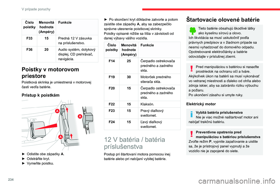 CITROEN JUMPER SPACETOURER 2021 Návod na použitie (in Slovak) 234
V prípade poruchy
Pomocné štartovanie iného vozidla
cez káble
Batériu príslušenstva nepoužívajte na
pomocné štartovanie iného vozidla ani na
nabíjanie batérie iného vozidla.
Bat CITROEN JUMPER SPACETOURER 2021 Návod na použitie (in Slovak) 234
V prípade poruchy
Pomocné štartovanie iného vozidla
cez káble
Batériu príslušenstva nepoužívajte na
pomocné štartovanie iného vozidla ani na
nabíjanie batérie iného vozidla.
Bat