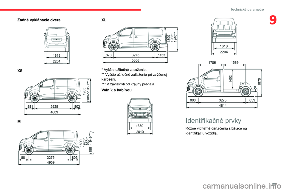 CITROEN JUMPER SPACETOURER 2021 Návod na použitie (in Slovak) 251
Technické parametre
9Zadné vyklápacie dvere
XS
M
XL
* Vyššie užitočné zaťaženie.
** Vyššie užitočné zaťaženie pri zvýšenej
karosérii.
***
V CITROEN JUMPER SPACETOURER 2021 Návod na použitie (in Slovak) 251
Technické parametre
9Zadné vyklápacie dvere
XS
M
XL
* Vyššie užitočné zaťaženie.
** Vyššie užitočné zaťaženie pri zvýšenej
karosérii.
***
V