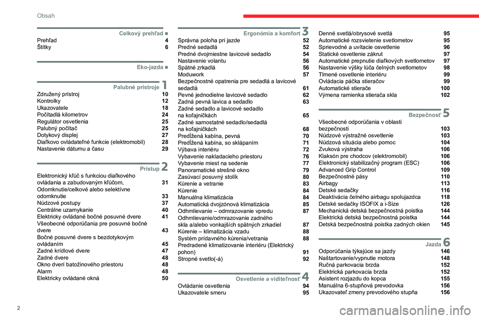 CITROEN JUMPER SPACETOURER 2021  Návod na použitie (in Slovak) 2
Obsah
  ■
Celkový prehľadPrehľad  4
Štítky  6
  ■
Eko-jazda
 1Palubné prístrojeZdružený prístroj  10
Kontrolky  12
Ukazovatele  18
Počítadlá kilometrov  24
Regulátor osvetlenia