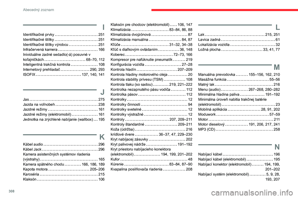 CITROEN JUMPER SPACETOURER 2021  Návod na použitie (in Slovak) 308
Abecedný zoznam
I
Identifikačné prvky     251
Identifikačné štítky     
251
Identifikačné štítky výrobcu
   
251
Infračervená kamera
    
166
Inividuálne zadné sedadlo(-á) posuvn